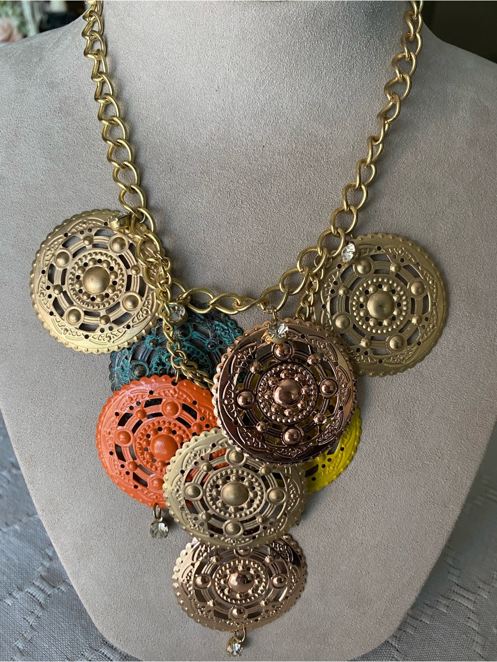Gold-Tone Multicolor Medallion Statement Necklace and Earrings